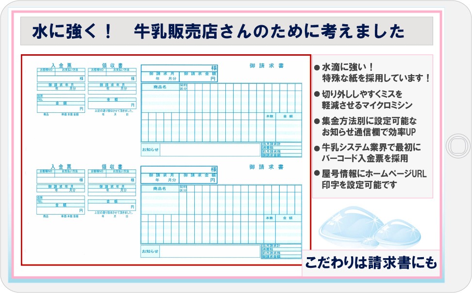切り外しやすいマイクロミシン・集金方法別お知らせ通信欄・バーコード入金業界で初めて採用・屋号情報にホームページURL設定可能
