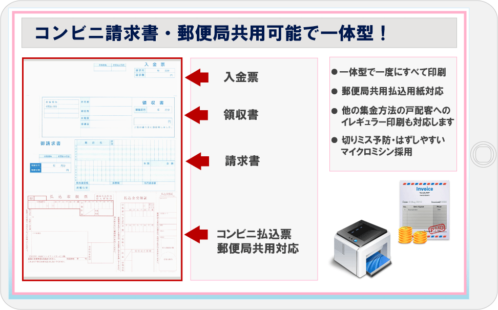 コンビニ払込票・コンビニ請求書は便利な一体型で郵便局共用対応です